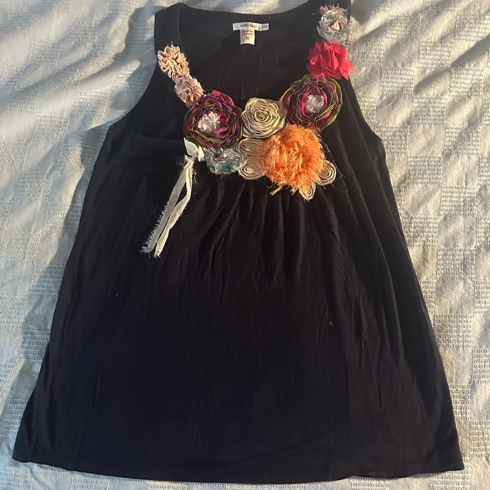 Floral Embellished Navy Blue Sleeveless Top